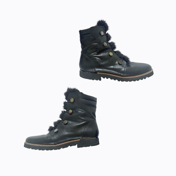 Franco Sarto Cody Black Leather Combat Lug Bootie 9 Fur Trim Military 90s Grunge